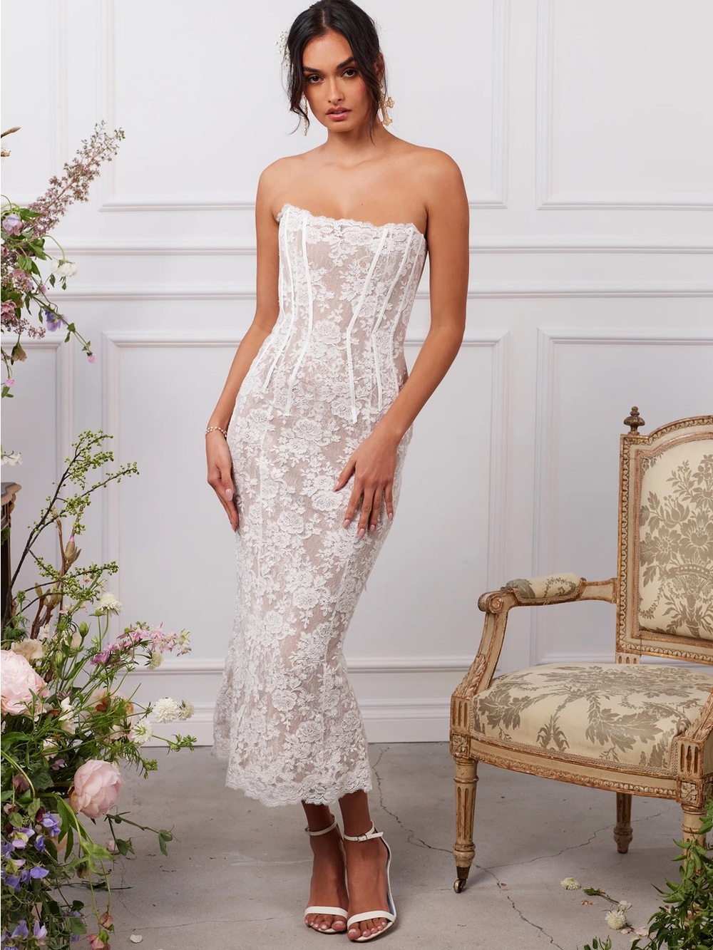 V. Chapman White Strapless Lace Midi Dress